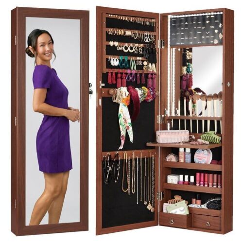 Door/Wall Mount Mirror Jewelry Cabinet Armoire w/ Inside Mirror, LED Lights - Lot 795