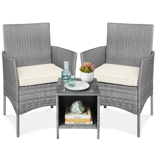 3-Piece Outdoor Patio Wicker Bistro Set w/ Side Storage Table - Lot 7848