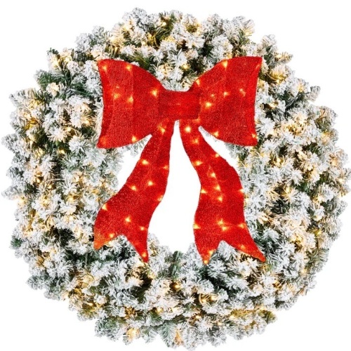 Pre-Lit Flocked Artificial Fir Christmas Wreath w/ Red Bow, LED Lights 36in - Lot 7996