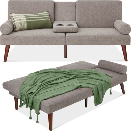Fabric Upholstered Convertible Futon w/ Rounded Armrests, 2 Cupholders - Lot 8104