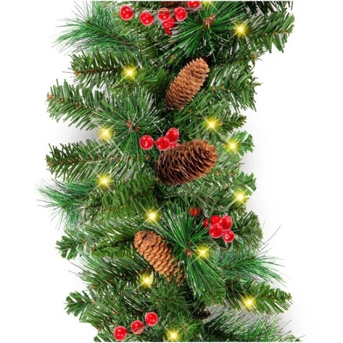 Pre-Lit Pre-Decorated Garland w/ PVC Branch Tips, 50 Lights - 9ft - Lot 7960