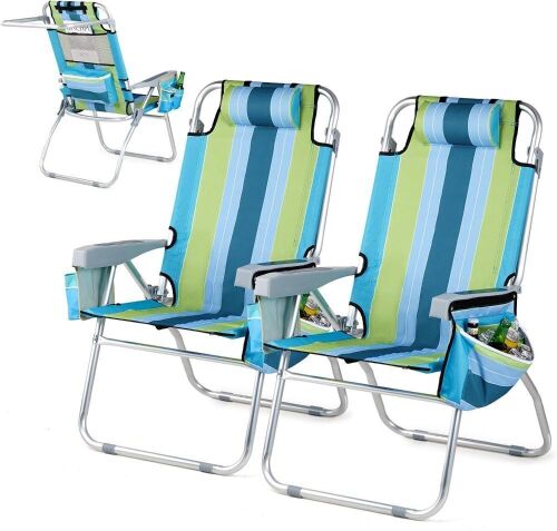 VINGLI Tall Beach Chair with 5-Position, Cooler Bag, Cup Holders, Towel Bar, 2 Pack - Lot 107