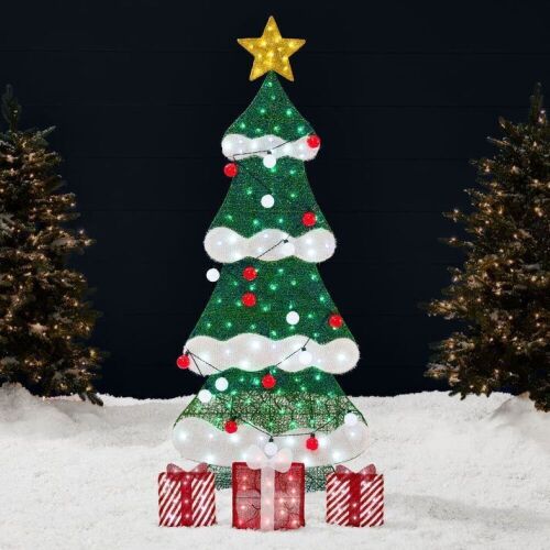6ft Lighted 2D Christmas Tree Outdoor Decor w/ 170 LED Lights, 3 Gift Boxes - Lot 196