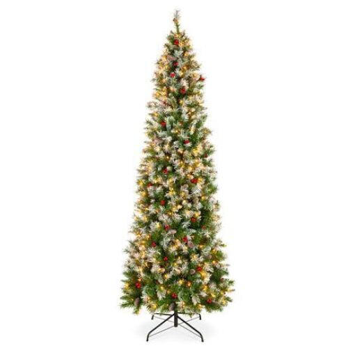 7.5' Pre-Lit Partially Flocked Spruce Pencil Tree w/ Berries, Pine Cones - Lot 892