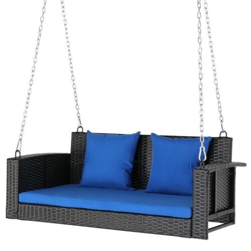  49in Black Rattan Blue Cushion Rattan Hanging Wicker Patio Swing  - Lot 48
