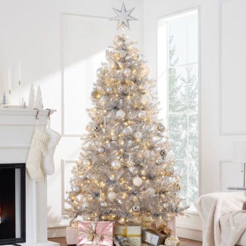 7.5' Prelit Silver Artificial Tinsel Christmas Tree w/ Foldable Stand - Lot 832