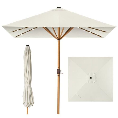 Square Solar LED Lighted Patio Umbrella w/ Faux Wood Texture - 9ft - Lot 838