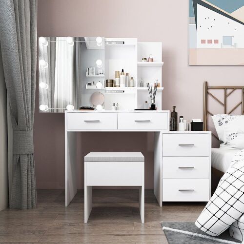 VINGLI Vanity Desk with Sliding Mirror, Lights & Stool  - Lot 49