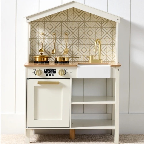 Pretend Play Wooden Farmhouse Kitchen Set w/ Storage, 5 Accessories - Lot 8646