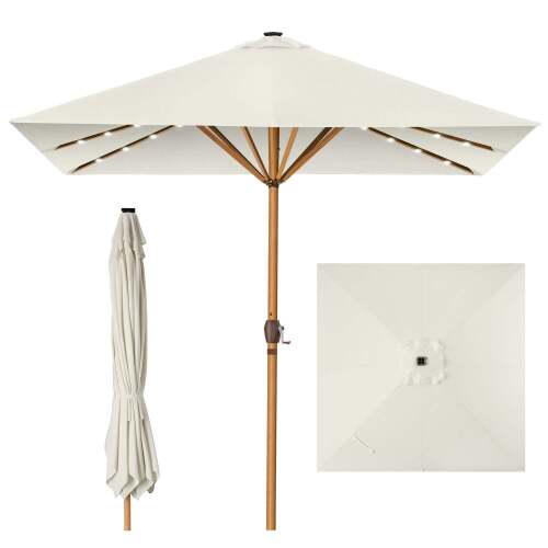 Square Solar LED Lighted Patio Umbrella w/ Faux Wood Texture - 9ft - Lot 8659