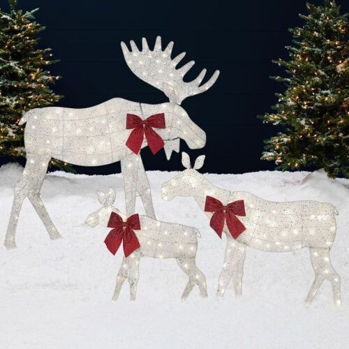 3-Piece Lighted 2D Christmas Moose Set Outdoor Decor w/ 195 LED Lights - 4ft - Lot 526