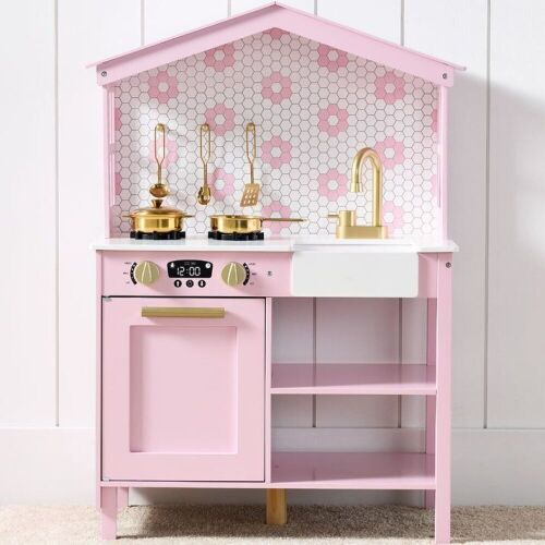 Pretend Play Wooden Farmhouse Kitchen Set w/ Storage, 5 Accessories - Lot 813