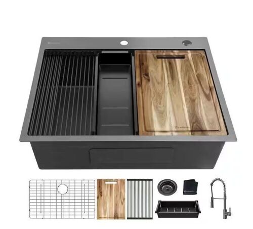 Glacier Bay 27 in Drop-In Single Bowl 18 Gauge Gunmetal Black Stainless Steel Workstation Kitchen Sink with Black Spring Neck Faucet - Corner Slightly Bent - Lot 41
