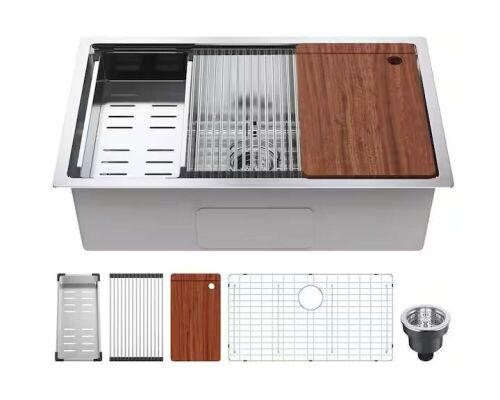 VEVOR 304-Stainless Steel Drop-in Sinks 30 in. Undermount Single Bowl Basin with Ledge and Accessories - Lot 77