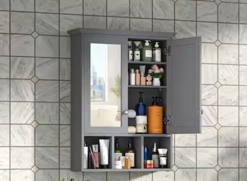 VEIKOUS 23.6 in. W x 7.5 in. D x 30.4 in. H Oversized Bathroom Storage Wall Cabinet with Adjustable Shelves and Mirror, Gray - Lot 137