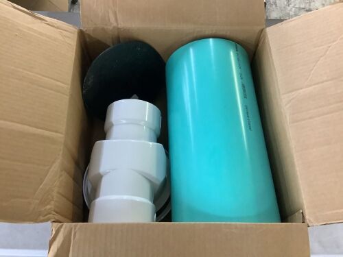 JONES STEPHENS 4 in. PVC Backwater Valve with Extension Kit and 8 in. Cast Iron Sewer Lid for Drainage Systems - Lot 231