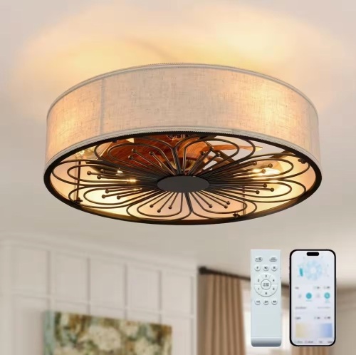 TOZING 19.6 in. Indoor Bronze Low Profile Fabric Farmhouse Caged Enclosed Flush Mount Ceiling Fan with Light Kit and Remote - Lot 358