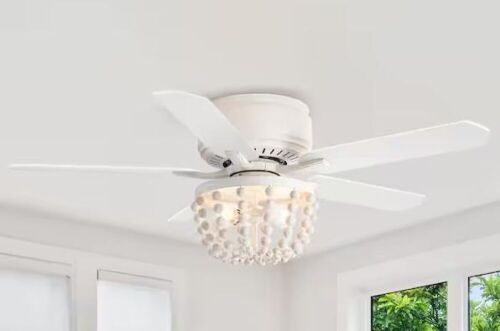 Matrix Decor 48 in. Indoor Farmhouse White Flush Mount Wood Bead Ceiling Fan with Light Kits and Remote - Lot 409