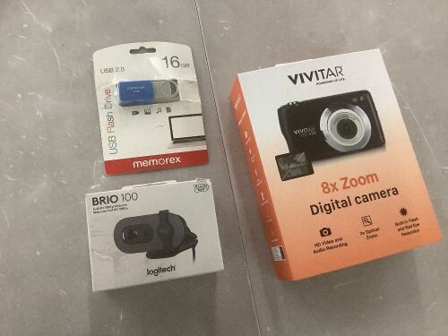 Vivitar Digital Camera, Memorex 16GB USB Flash Drive & Logitech Brio100 Webcam - Lot 586