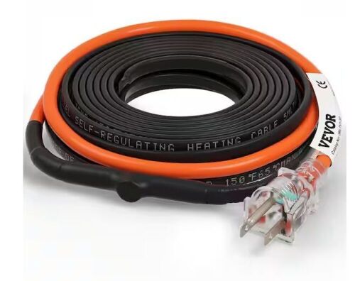 VEVOR 30 ft. Pipe Heat Cable 5W/ft. Self-Regulating Heat Tape IP68 110Volt with Build-in Thermostat for PVC Metal Plastic Hose - Lot 848
