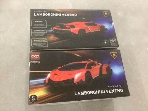 Lot of (2) 1/24 Kids RC Lamborghini Veneno Racing Car Toy w/ Lights, Shock Suspension - Red & Green - Lot 870