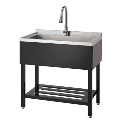 TRINITY 14 in. D x 30 in. W Freestanding Laundry/Utility Sink in Stainless Steel and Black with Pull-Out Faucet - Lot 16