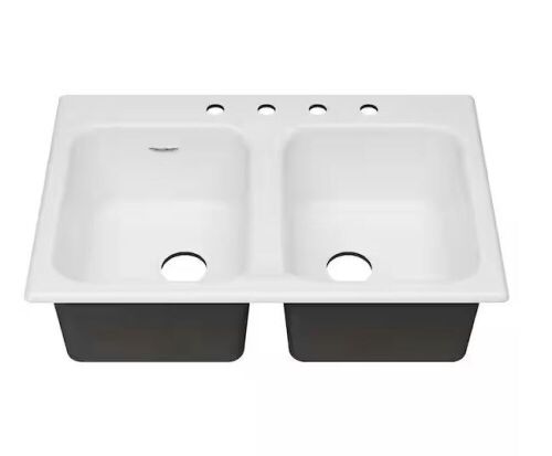 American Standard Quince Drop-in Cast Iron 33 in. 4-Hole Double Bowl Kitchen Sink in Brilliant White - Lot 22