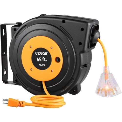 VEVOR Retractable Extension Reel, Heavy Duty 12AWG/3C SJTOW Power Cord 45 FT 12AWG, Black - Lot 71