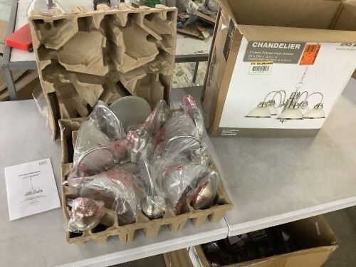 5-Light Brushed Nickel Chandelier with Frosted Ribbed Glass Shades - 1 Shade Cracked - Lot 732
