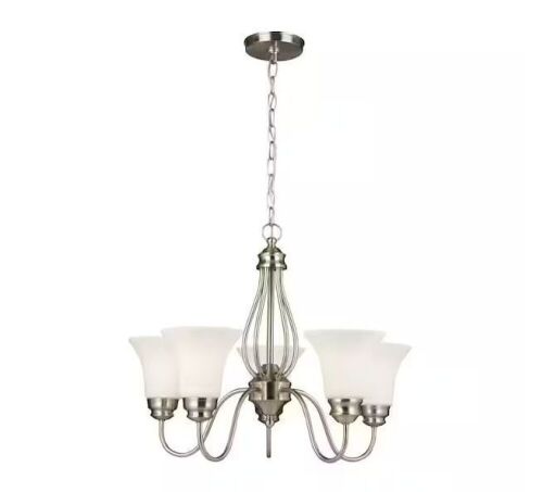 Hampton Bay Kensley Park 5-Light Classic Traditional Brushed Nickel Hanging Candlestick Chandelier with Frosted White Shade - Lot 735