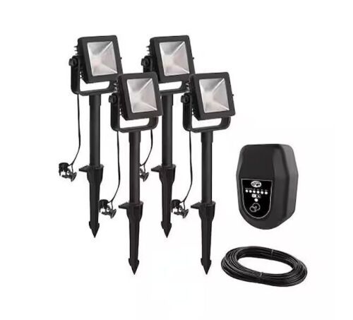Hampton Bay 350 Lumen Low Voltage Black Plug-In Integrated LED Outdoor Landscape Flood Light, 4-Pack - Lot 738