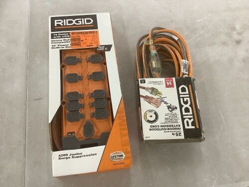RIDGID 10 ft. Cord 10-Outlet, 2.4 Amp USB-A, 15-Watt USB-C, 4200J Surge Protector & 25 ft. 14/3 Heavy-Duty Contractor-Grade Indoor/Outdoor Extension Cord - Lot 656