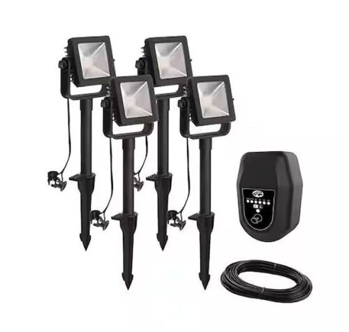 Hampton Bay 350 Lumen Low Voltage Black Plug-In Integrated LED Outdoor Landscape Flood Light, 4-Pack - Lot 855
