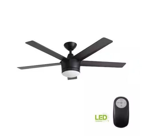 Home Decorators Collection Merwry 52 in. Integrated LED Indoor Matte Black Ceiling Fan with Light Kit and Remote Control - Lot 506