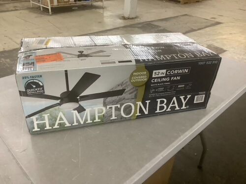 Hampton Bay 52 in. Corwin Indoor/Outdoor Matte Black LED Ceiling Fan with Light Kit - Bent Blade Connector - Lot 507