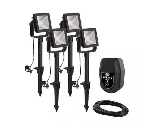 Hampton Bay 350 Lumen Low Voltage Black Plug-In Integrated LED Outdoor Landscape Flood Light, 4-Pack - Lot 319