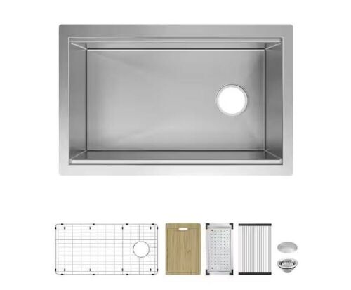 Glacier Bay Professional Zero Radius 32 in Undermount Single Bowl 16 Gauge Stainless Steel Workstation Kitchen Sink with Accessories - Corner Slightly Bent - Lot 68