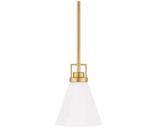 Home Decorators Collection Clermont 1-Light Satin Brass Shaded Pendant Light with Milk Glass Shade - Lot 317