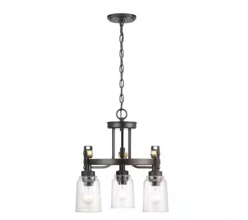 Home Decorators Collection Knollwood 17-1/2 in. 3-Light Black Bronze with Brass Accents Industrial Round Chandelier - Lot 318