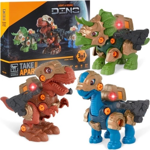 86-Piece Pack of 3 Toy Dinosaurs, STEM Set w/ Lights & Sounds, Movable Parts - Lot 9164
