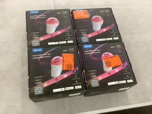 Lot of (3) Govee RGBIC Smart Integrated LED 24.6 ft. Strip Light & (1) 36 Watt Equivalent RGBWW Smart Light Bulb - Lot 344