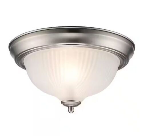 Lot of (12)11 in. 2-Light Brushed Nickel Flush Mount Ceiling Light Fixture with Frosted Swirl Glass Shade - Lot 355