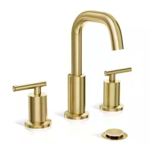 Phiestina 8 in. Wide spread 2-Handle Bathroom Faucet with Valve and Metal Pop-Up Drain, Brushed Gold  - Lot 359