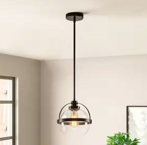 Lot of (2) 1-Light Matte Black Farmhouse Globe Clear Glass Hanging Pendant Light - Lot 367