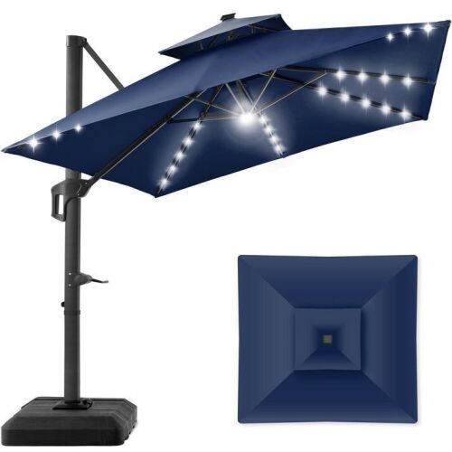 2-Tier Square LED Cantilever Offset Umbrella w/ 360 Rotation, Base - 10x10ft - Lot 30