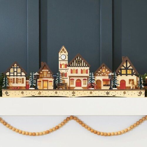 Pre-Lit Wooden Christmas Village, Winter Mantel Decor w/ 20 LED Lights - Lot 243