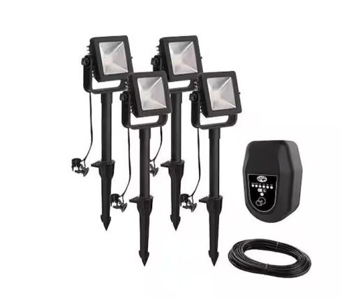 Hampton Bay 350 Lumen Low Voltage Black Plug-In Integrated LED Outdoor Landscape Flood Light, 4-Pack - Lot 630