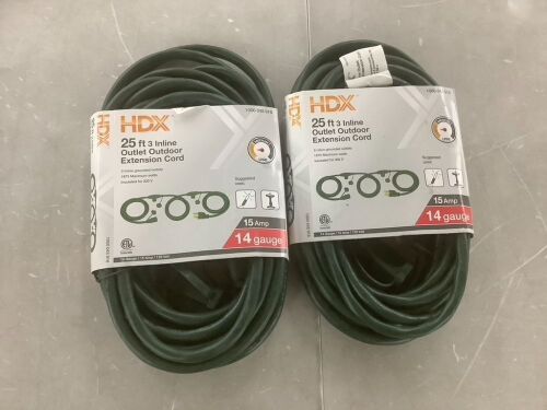 Lot of (2) HDX 25' 3 Inline Outlet Outdoor Extension Cord  - Lot 632