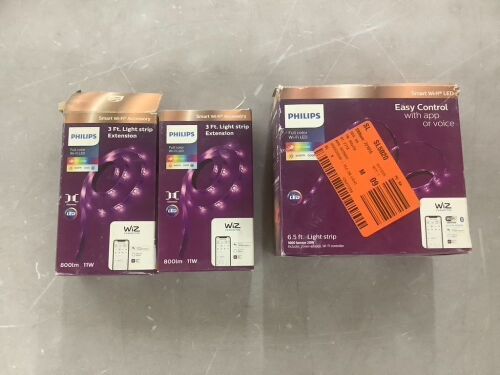 Lot of (2) Philips 3.3 ft LED Smart Wi-Fi Color Changing Strip Light Extension Powered by WiZ with Bluetooth & (1) Philips 6.6 ft. Smart Plug-in Color and Tunable White Dimmable Wi-Fi Wiz Connected Strip Light - Lot 647