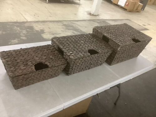 Set of 3 Large Hyacinth Storage Baskets w/ Handles, Lid - Lot 164
